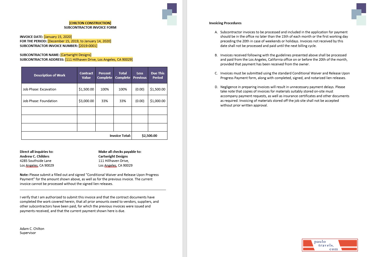 Construction Subcontractor Invoice Template PSD template
